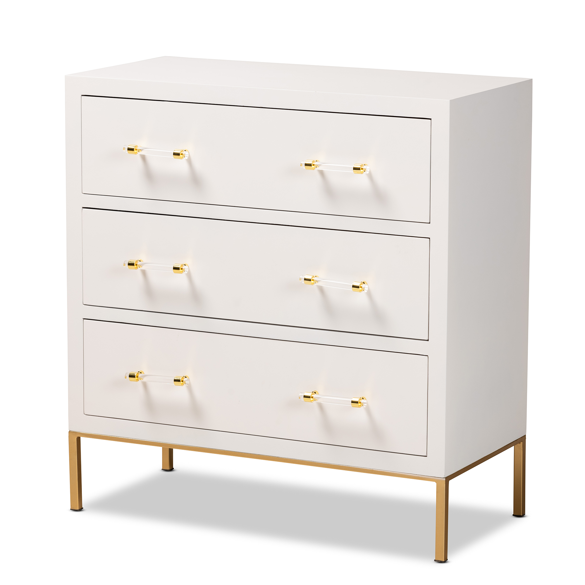 Baxton Studio Dante Modern Glam and Luxe White Finished Wood and Gold Finished Metal 3-Drawer Storage Cabinet